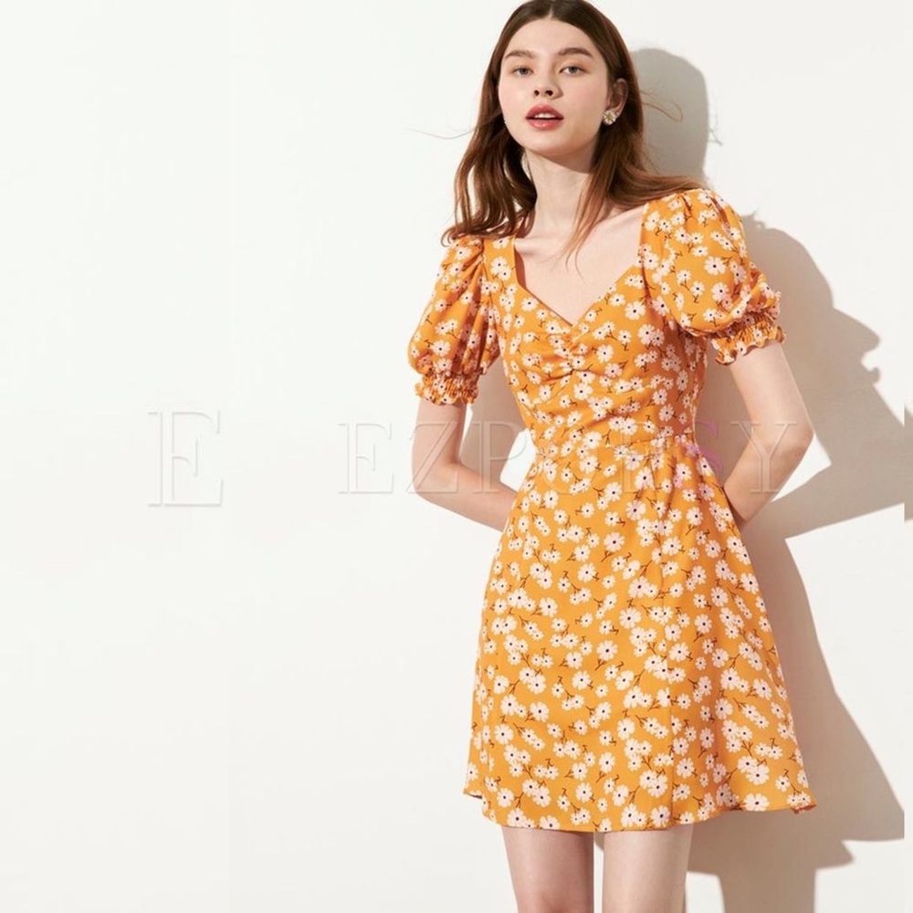 Avantlook Puff Sleeve Floral Short Skater Dress Small